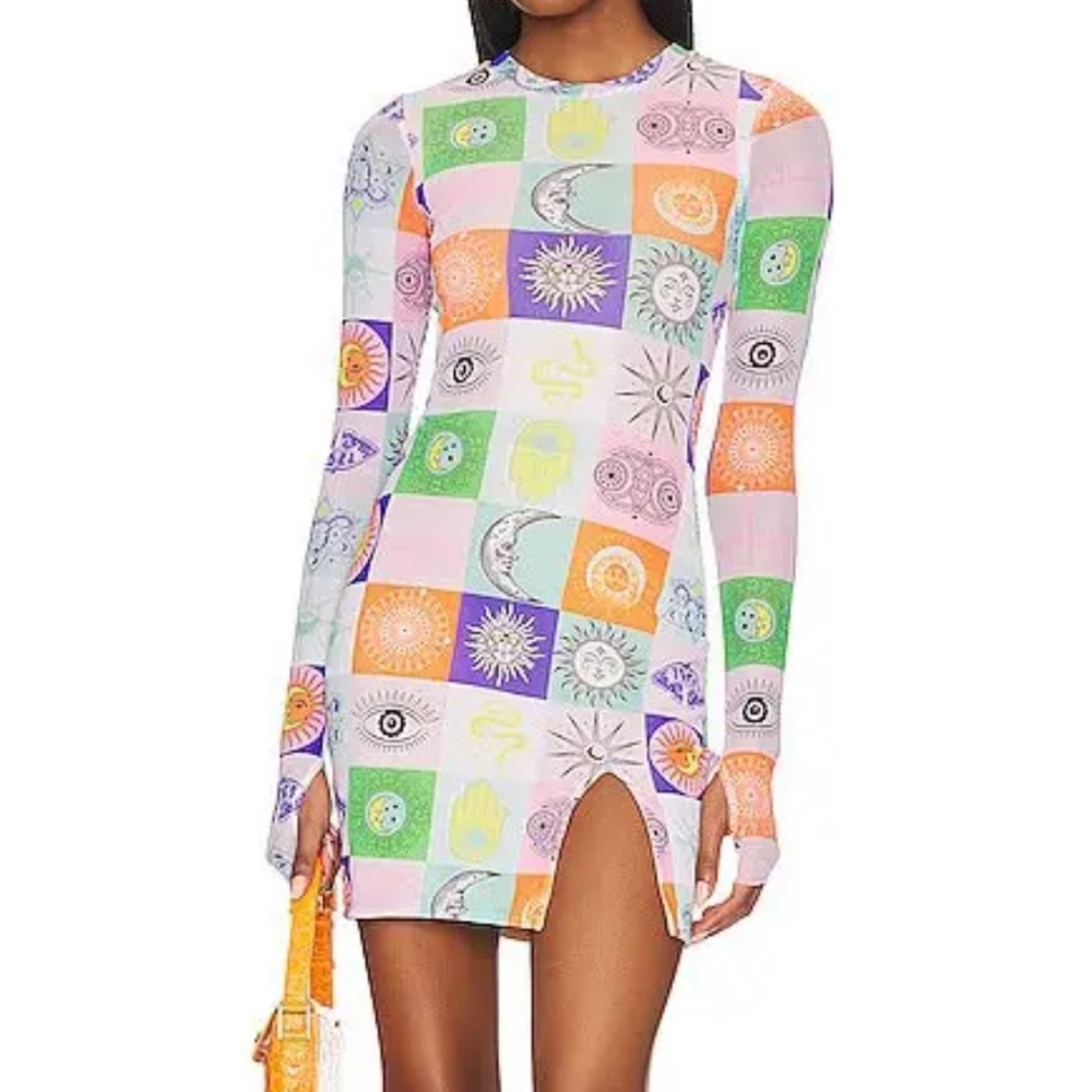 Afrm Long Slv Patchwork Celestial Mini Dress Mult… - image 1